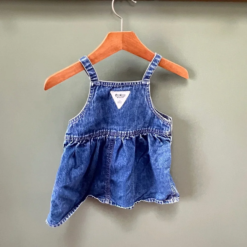 OshKosh Bgosh Baby Girls Blue Denim Overall Jumper Dress Bib‎ Pocket 24M Vintage